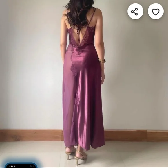 Vintage Romantic Dark Mulberry Satin Slip Gown Frederick's of Hollywood Large - Picture 7 of 12